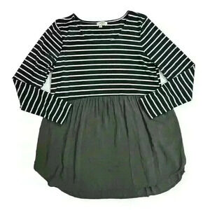 Umgee Womens Small Green White Striped Baby Doll Tunic Blouse Long Sleeve